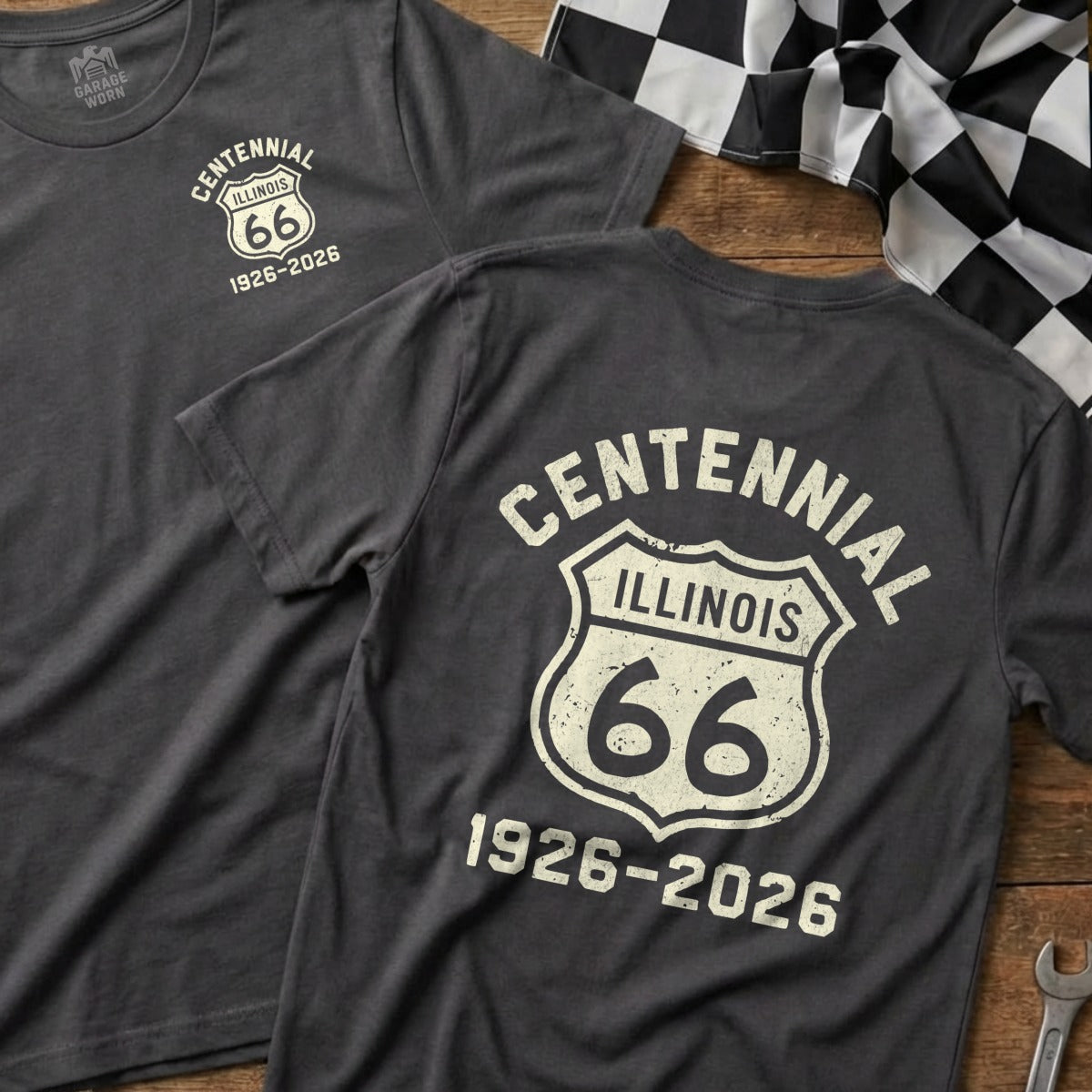 Dark grey t-shirt with Route 66 Centennial Illinois 1926-2026 graphic.
