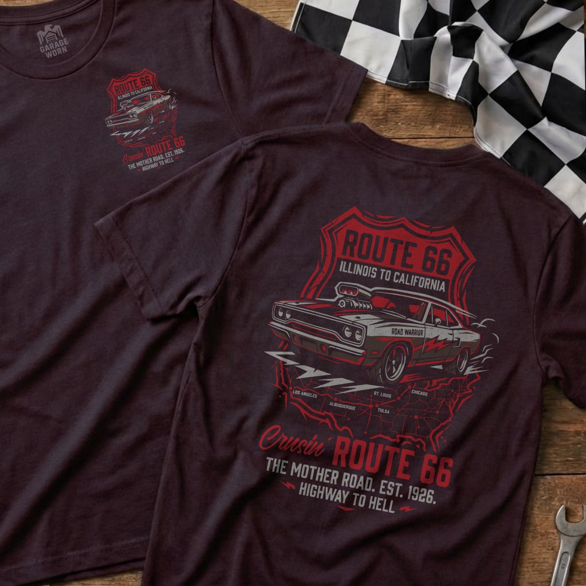 Route 66 "Road Warrior" t-shirt with vintage car and map design.