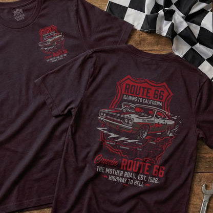 Route 66 "Road Warrior" t-shirt with vintage car and map design.