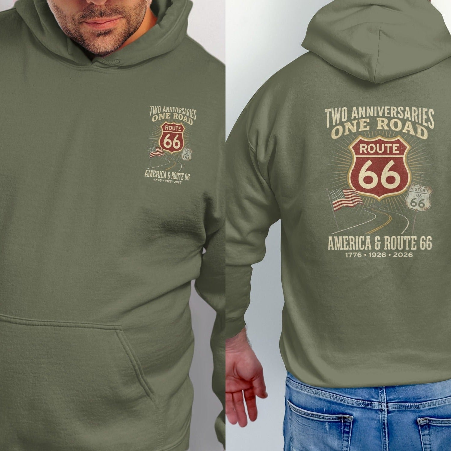 Olive green hoodie with Route 66 graphic commemorating America and Route 66 anniversaries.