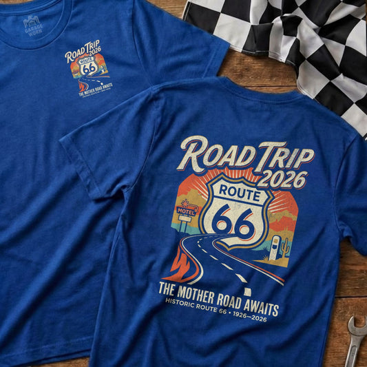 Blue t-shirt with "Road Trip 2026 Route 66" graphic, saying "The Mother Road Awaits."