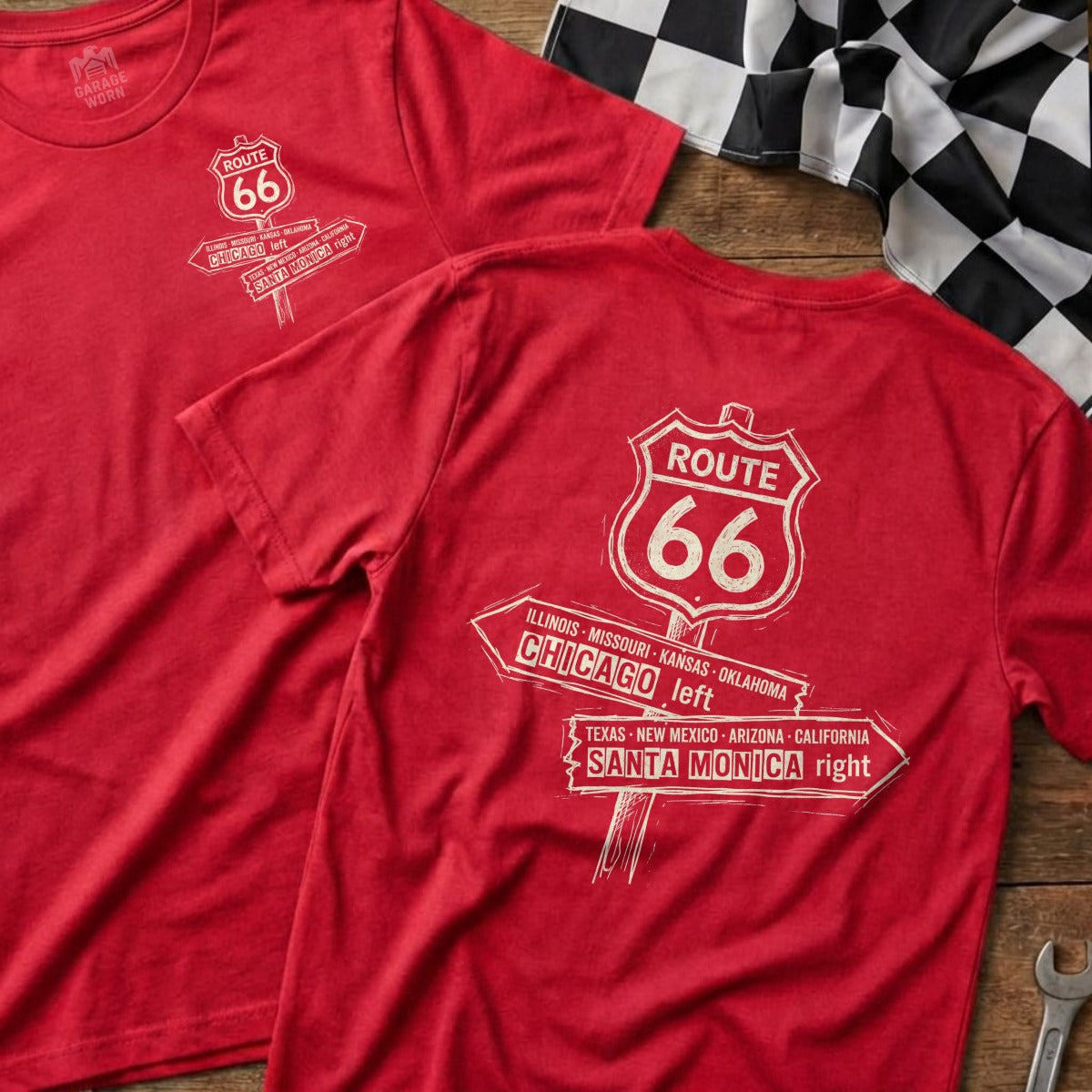 Red t-shirts with Route 66 sign design pointing to Chicago and Santa Monica.