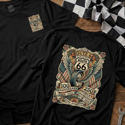 Black t-shirt featuring Route 66 100 and 250 anniversary graphic.