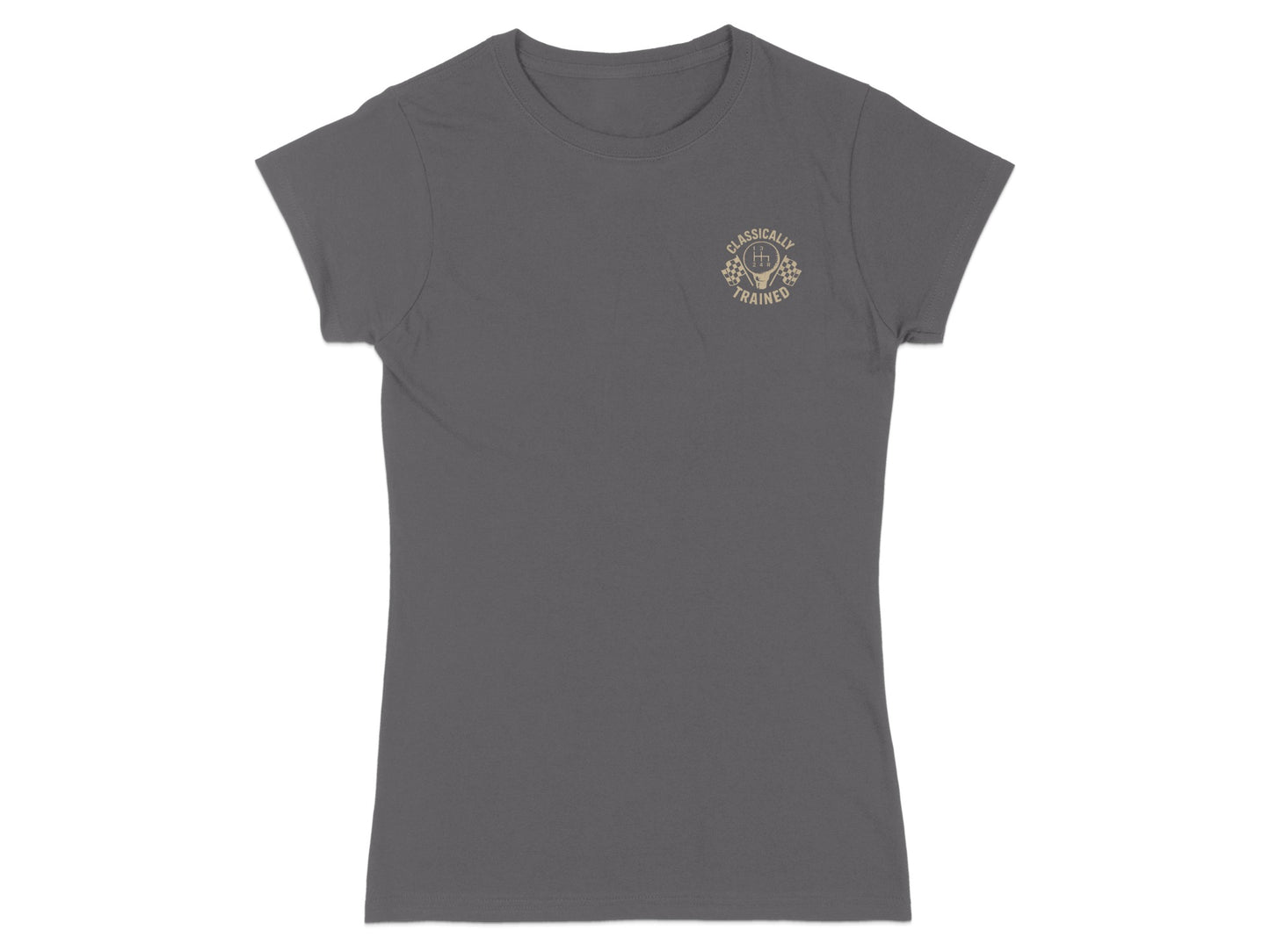 Gray t-shirt with "Classically Trained" and checkered flag logo.