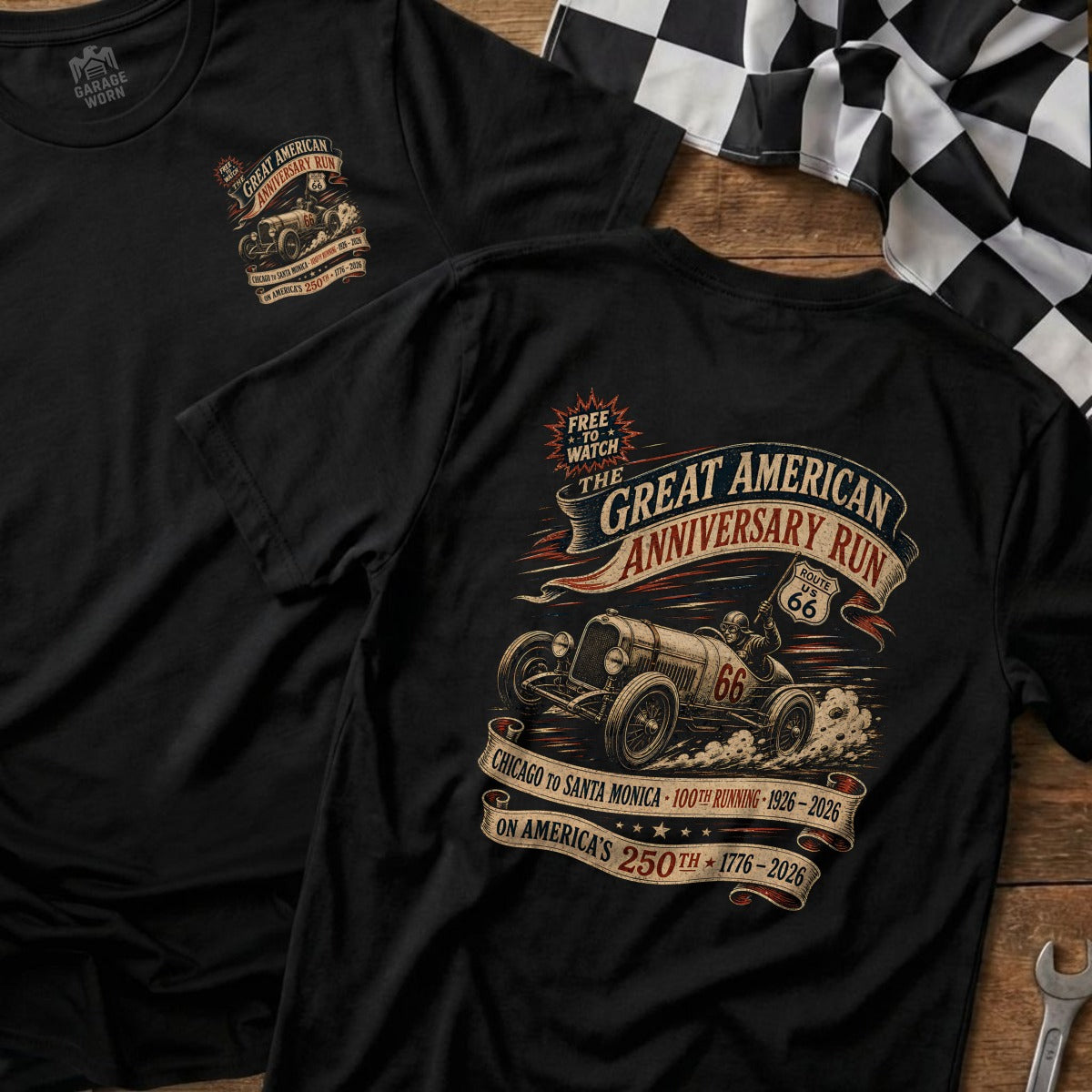 Black t-shirt with vintage car, route 66, and anniversary run text.