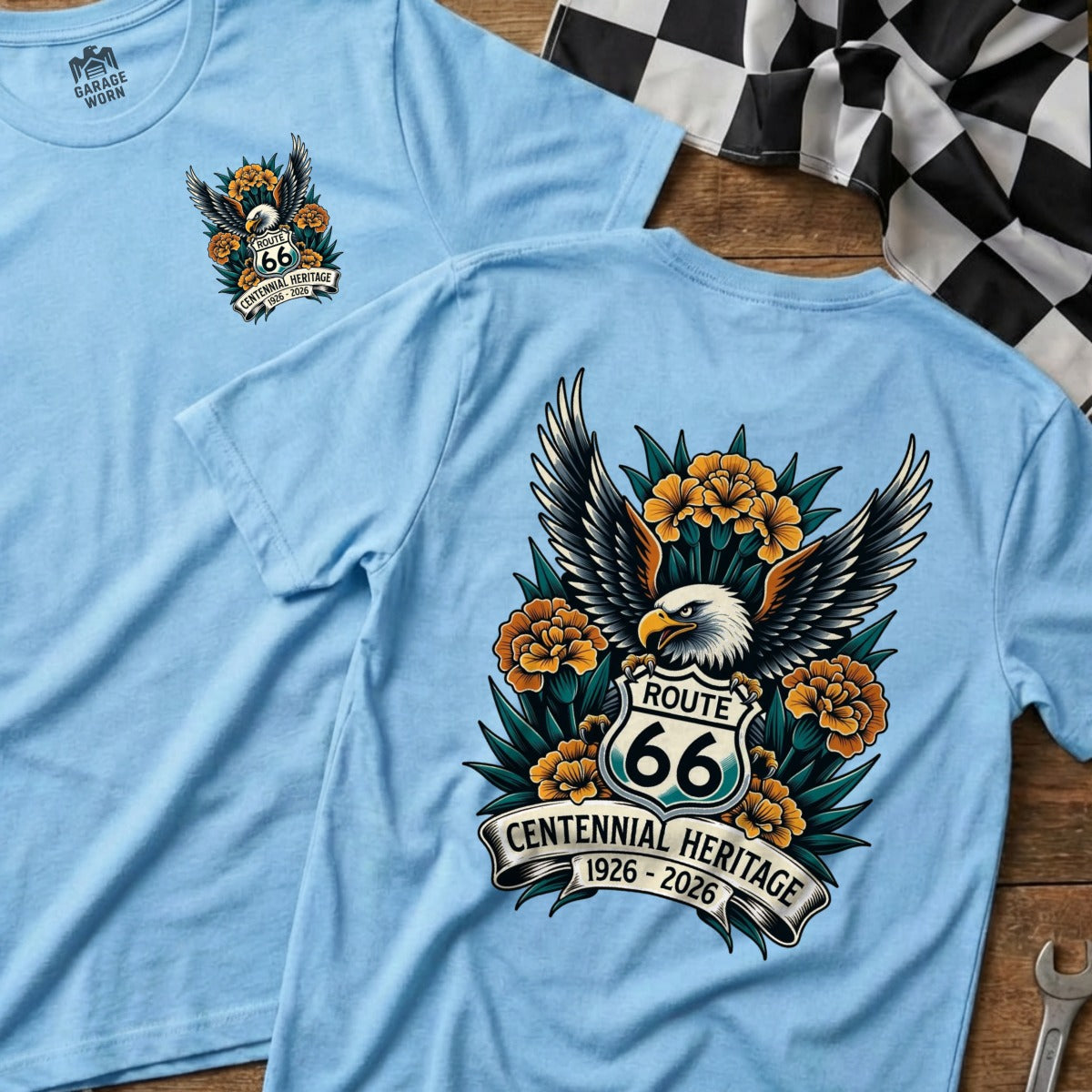 Light blue t-shirt with Route 66 eagle and floral graphic.