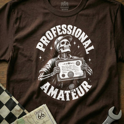 Skeleton wearing a cap holds a certificate with text "PROFESSIONAL AMATEUR"