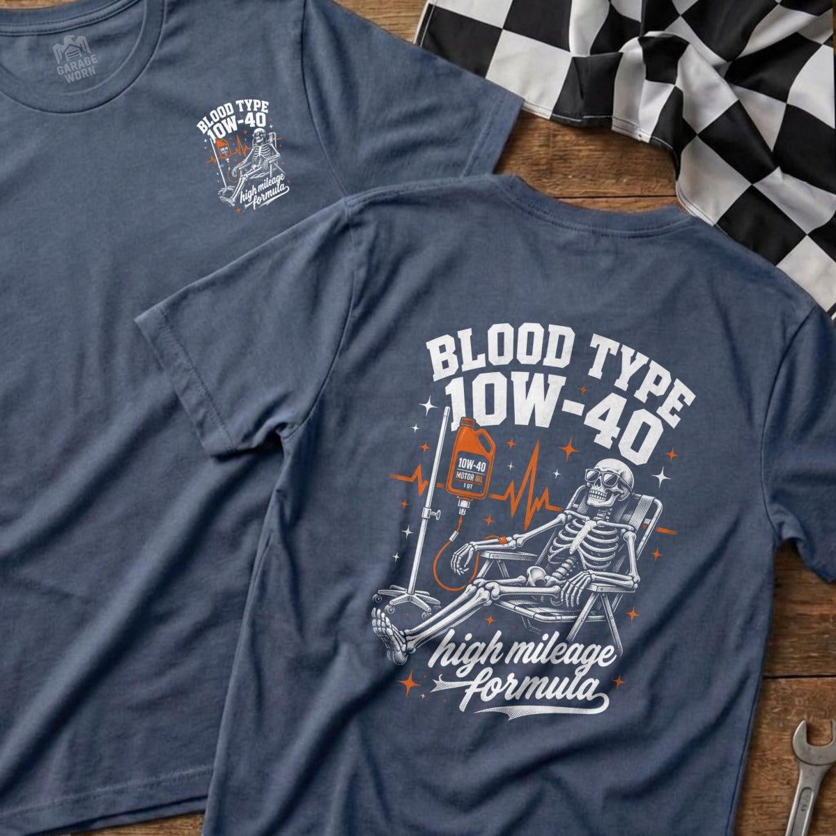 T-shirt with skeleton receiving 10W-40 motor oil drip, reads "Blood Type 10W-40".