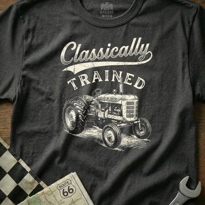 Dark t-shirt with "Classically TRAINED" text and vintage tractor graphic.