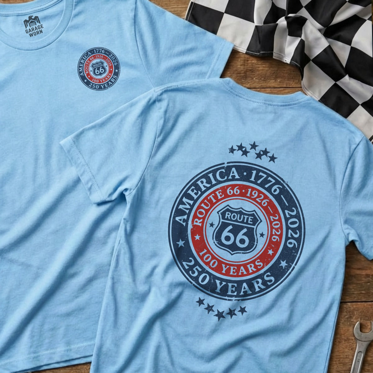 Light blue t-shirt with Route 66 100 Years 250 Years America 1776-2026 logo.