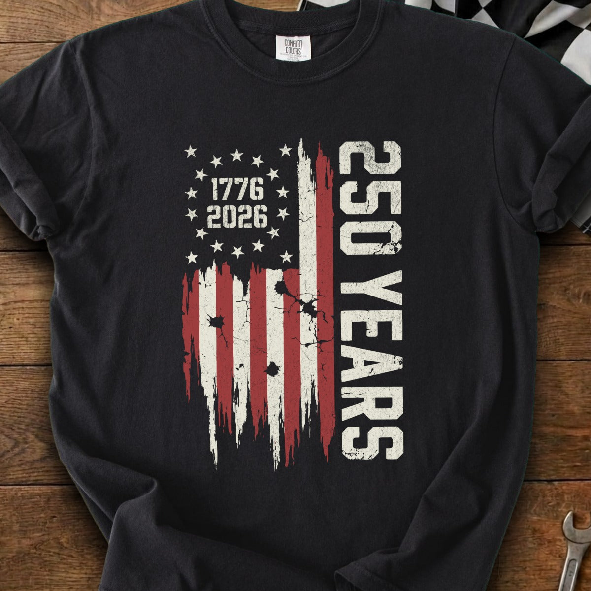 T-shirt with distressed American flag graphic and "250 YEARS" text.