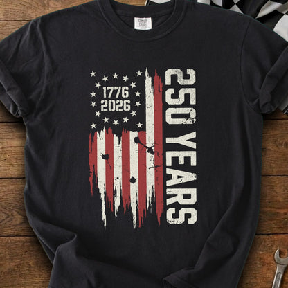 T-shirt with distressed American flag graphic and "250 YEARS" text.