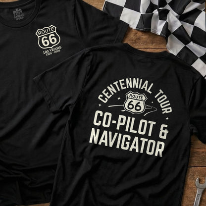 Black t-shirts with Route 66 Centennial Tour design and checkered flag.