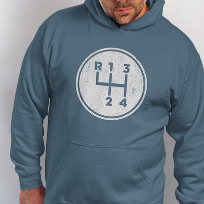 Blue hoodie with a distressed manual car gear shift pattern graphic.