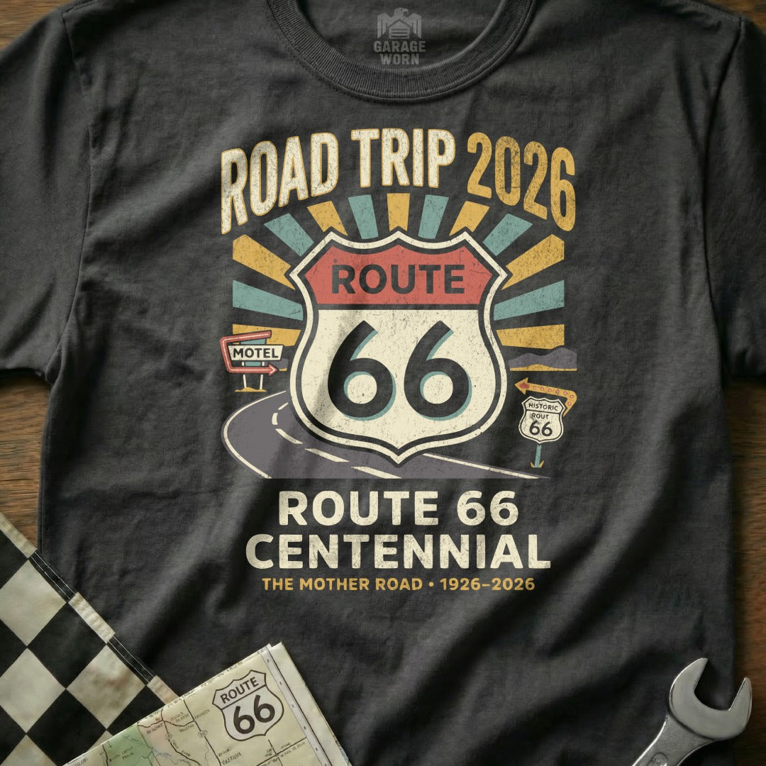 Gray t-shirt with Route 66 Centennial 1926-2026 Road Trip 2026 graphic.