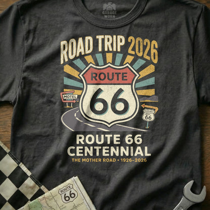 Gray t-shirt with Route 66 Centennial 1926-2026 Road Trip 2026 graphic.