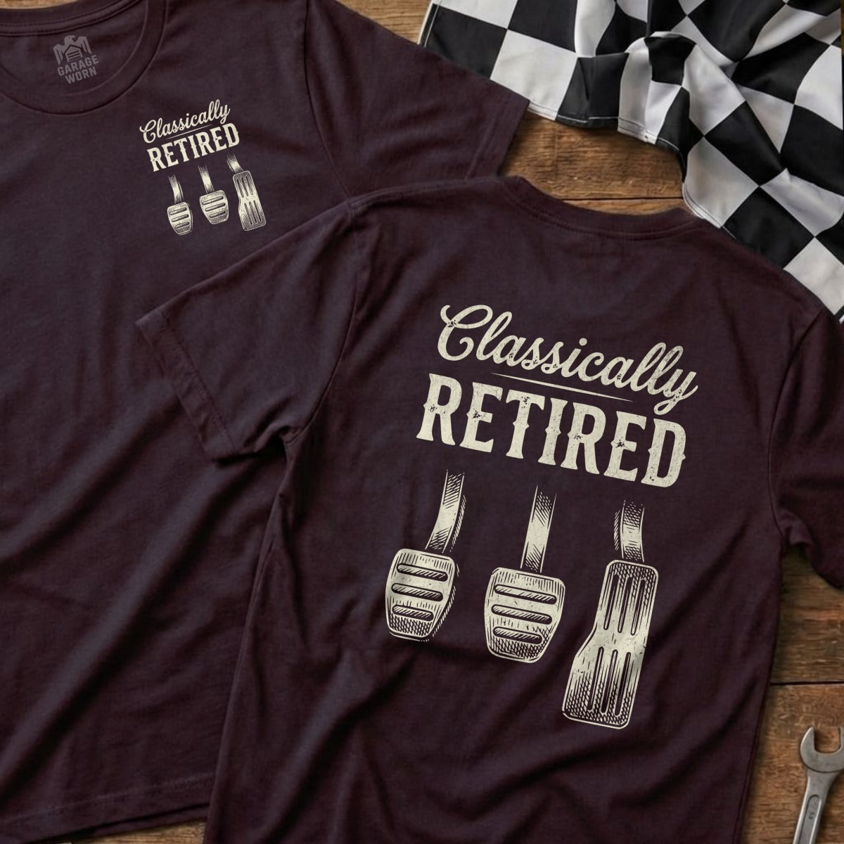 Burgundy t-shirt with "Classically RETIRED" and three pedals design.