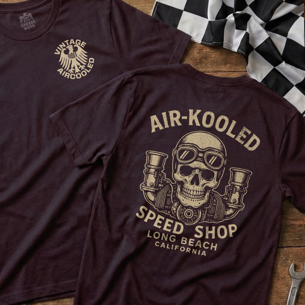 Maroon t-shirt with "Air-Kooled Speed Shop" skull and engine graphic.