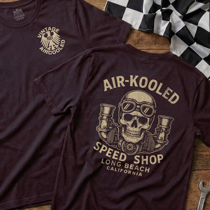 Maroon t-shirt with "Air-Kooled Speed Shop" skull and engine graphic.