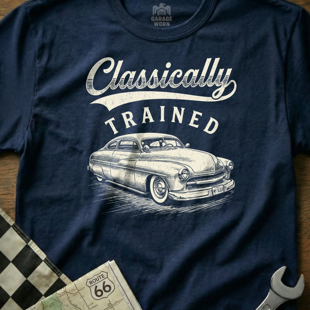 Navy t-shirt with "Classically Trained" text and a vintage car graphic.