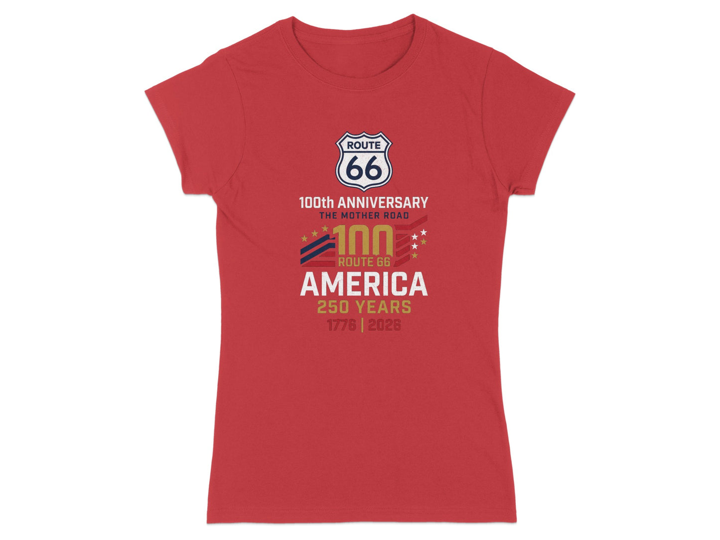 Red t-shirt with Route 66 100th anniversary and 250 years AMERICA text.