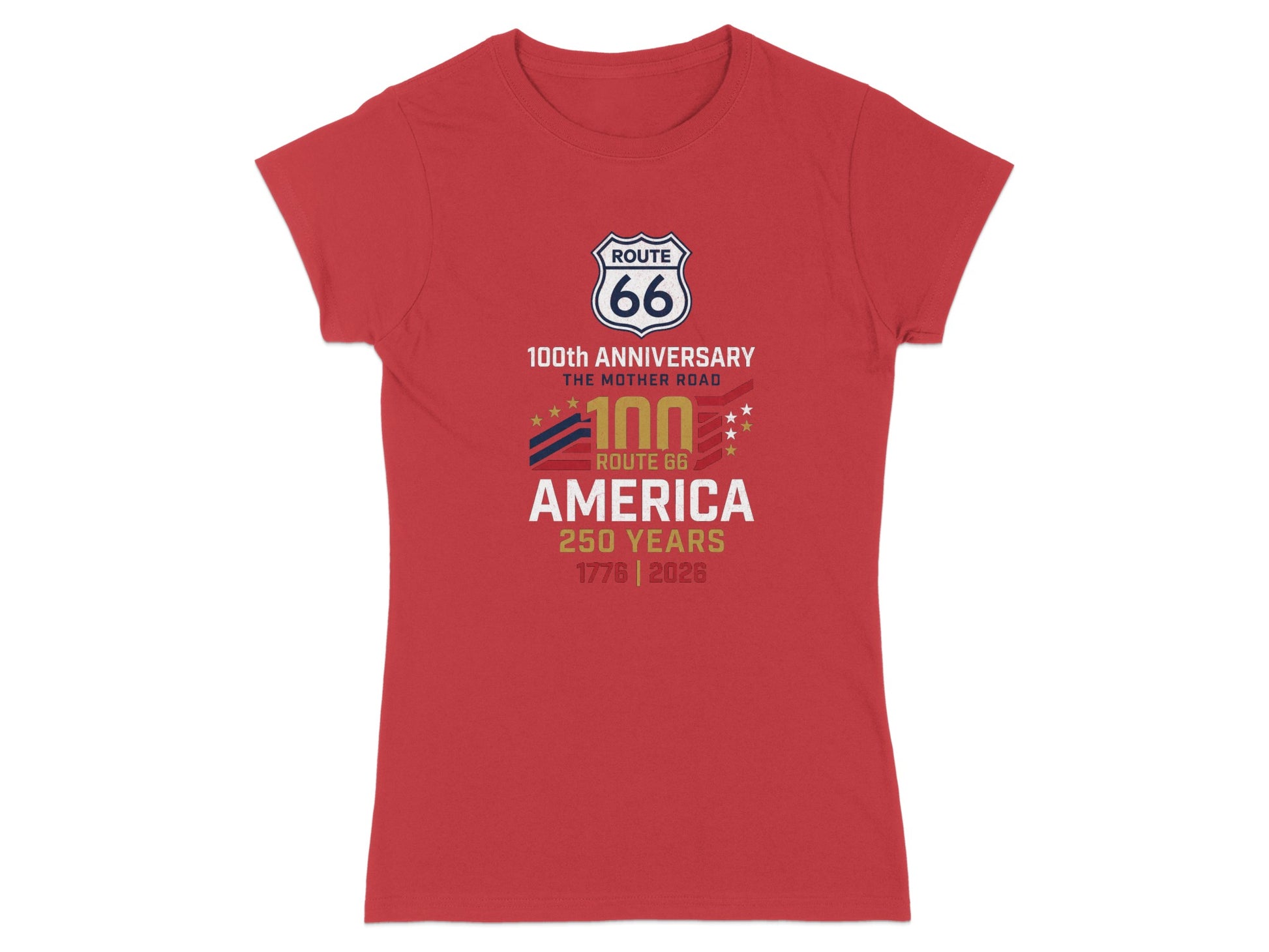 Red t-shirt with Route 66 100th anniversary and 250 years AMERICA text.