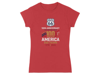 Red t-shirt with Route 66 100th anniversary and 250 years AMERICA text.