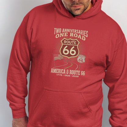 Red hoodie with "Two Anniversaries One Road Route 66 America & Route 66" graphic.