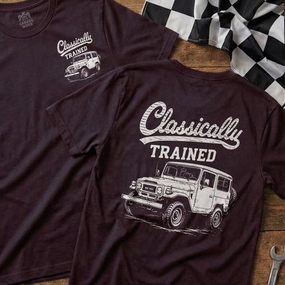 Maroon t-shirts with "Classically TRAINED" and a drawing of a vintage Toyota Land Cruiser.