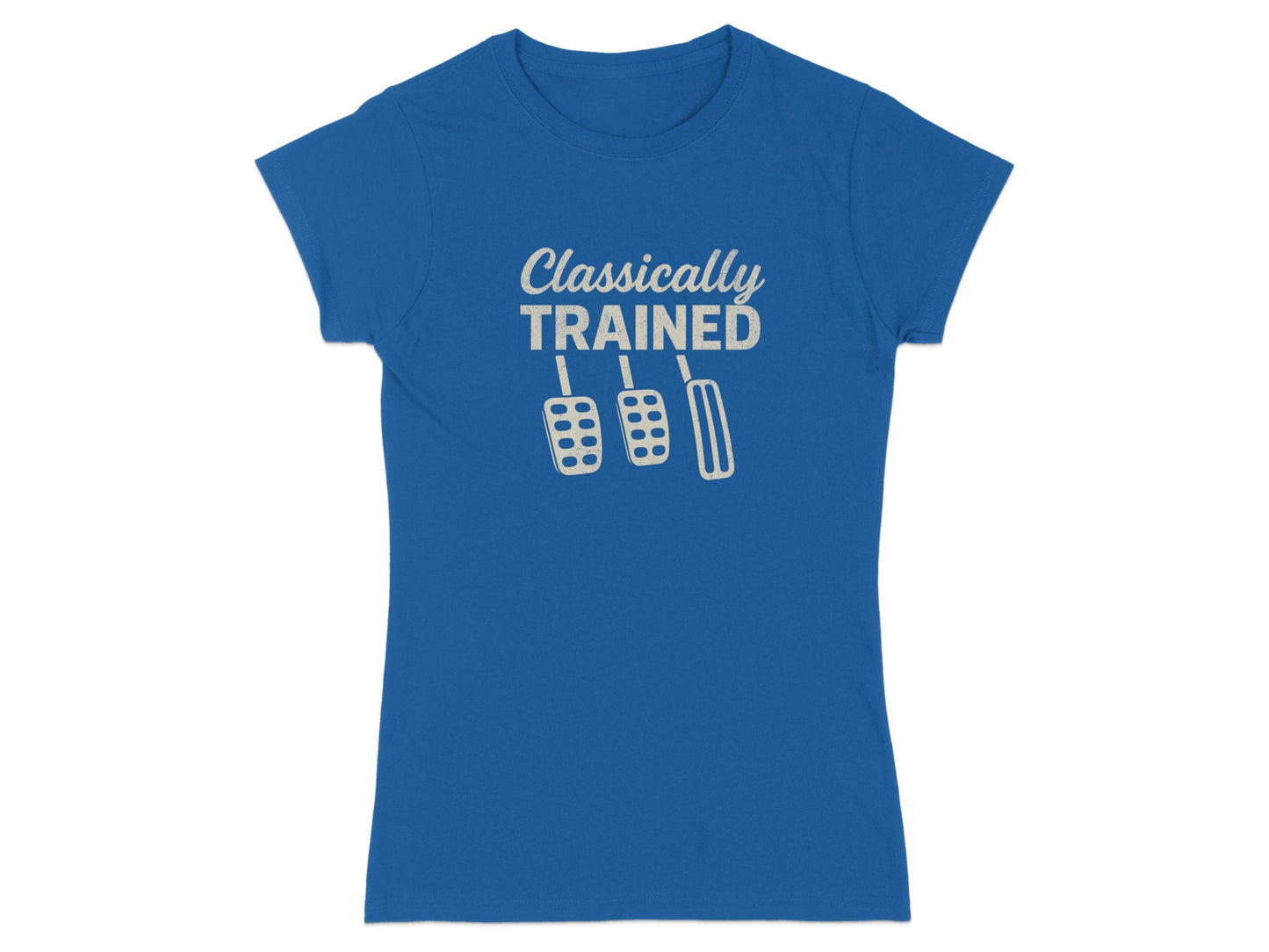 Blue t-shirt with "Classically Trained" text and three car pedals.
