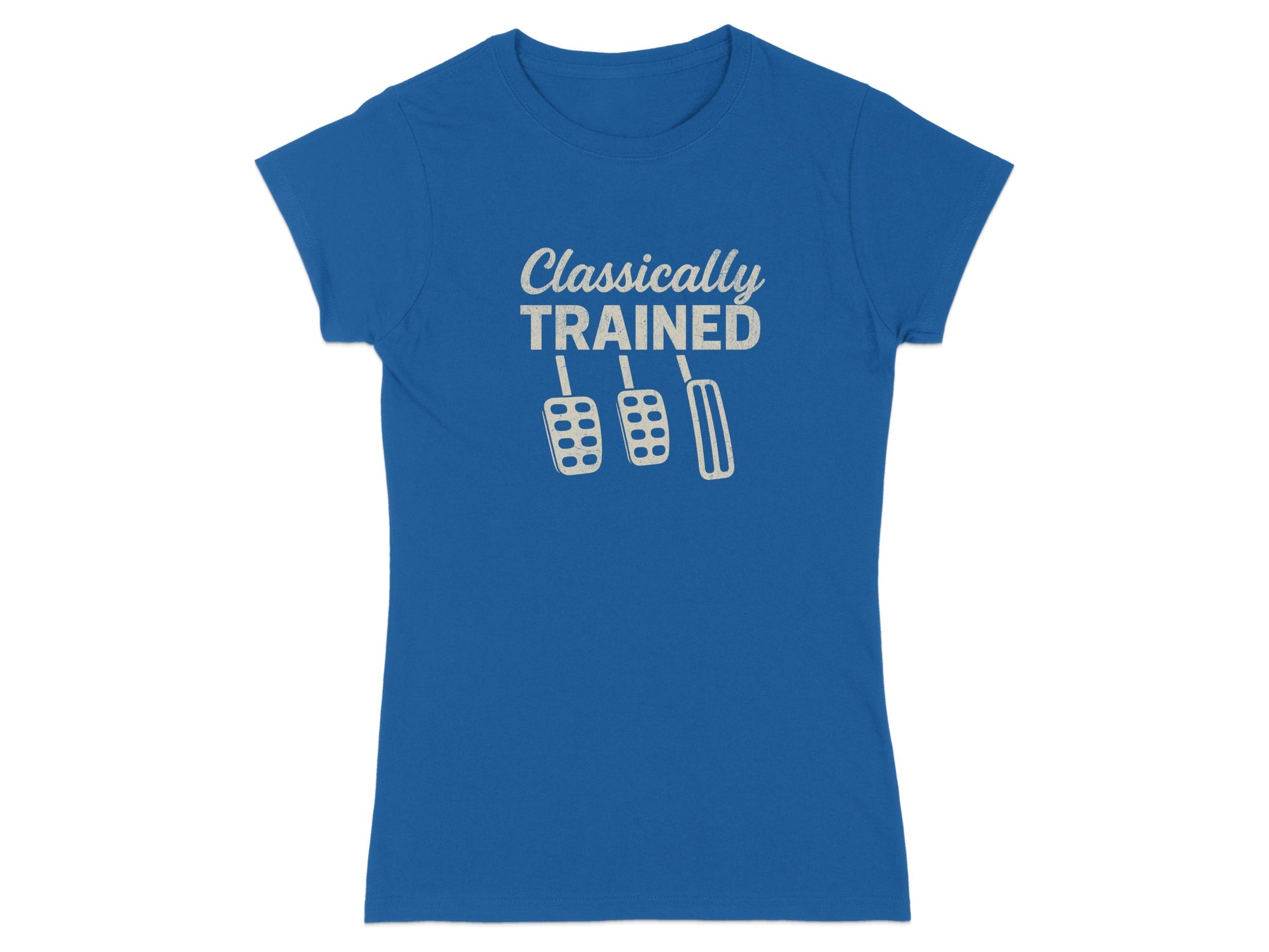 Blue t-shirt with "Classically Trained" text and three car pedals.