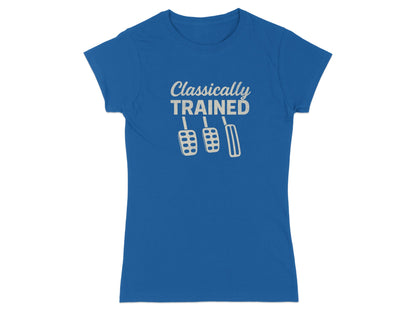 Blue t-shirt with "Classically Trained" text and three car pedals.