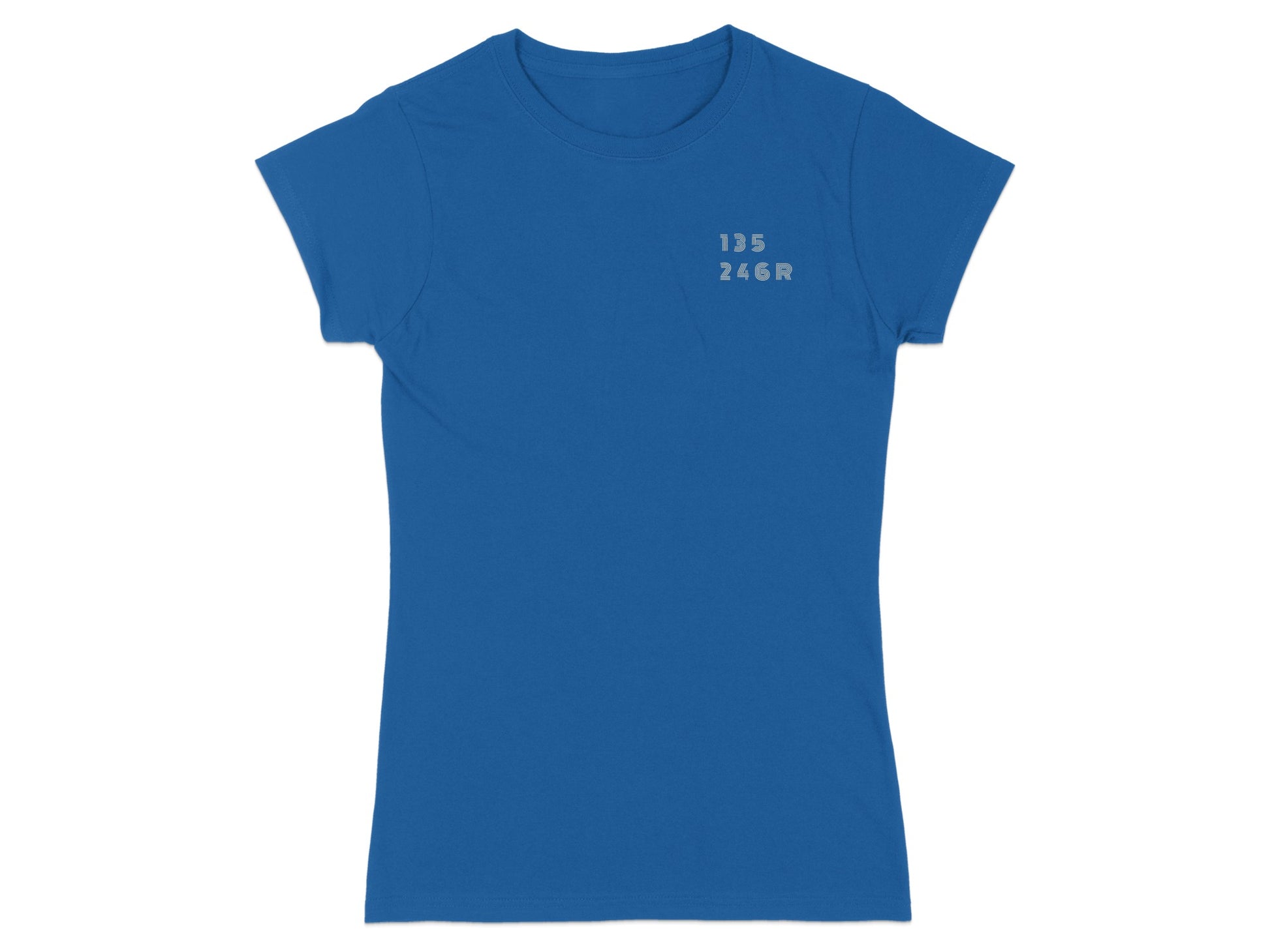 Blue t-shirt with small text "135 246R" on the upper left chest.