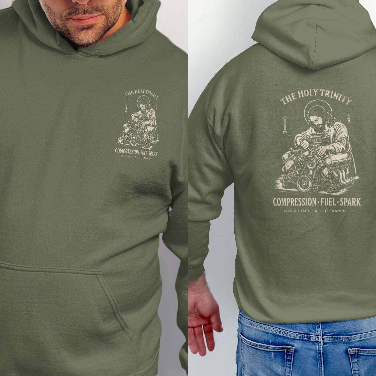 Green hoodie with graphic of Jesus working on an engine. "The Holy Trinity" and "Compression Fuel Spark" text.
