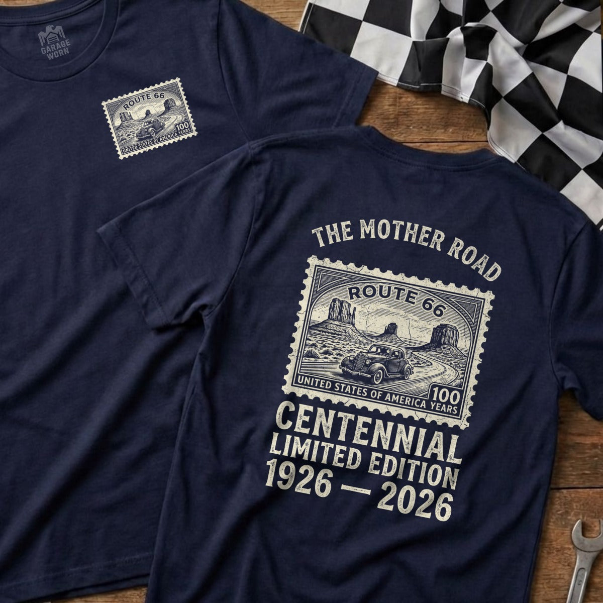 Navy t-shirts featuring Route 66 centennial stamp graphic and text.