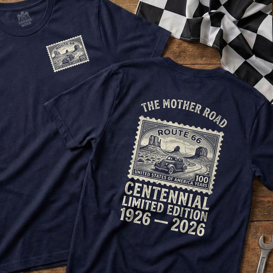Navy t-shirts featuring Route 66 centennial stamp graphic and text.