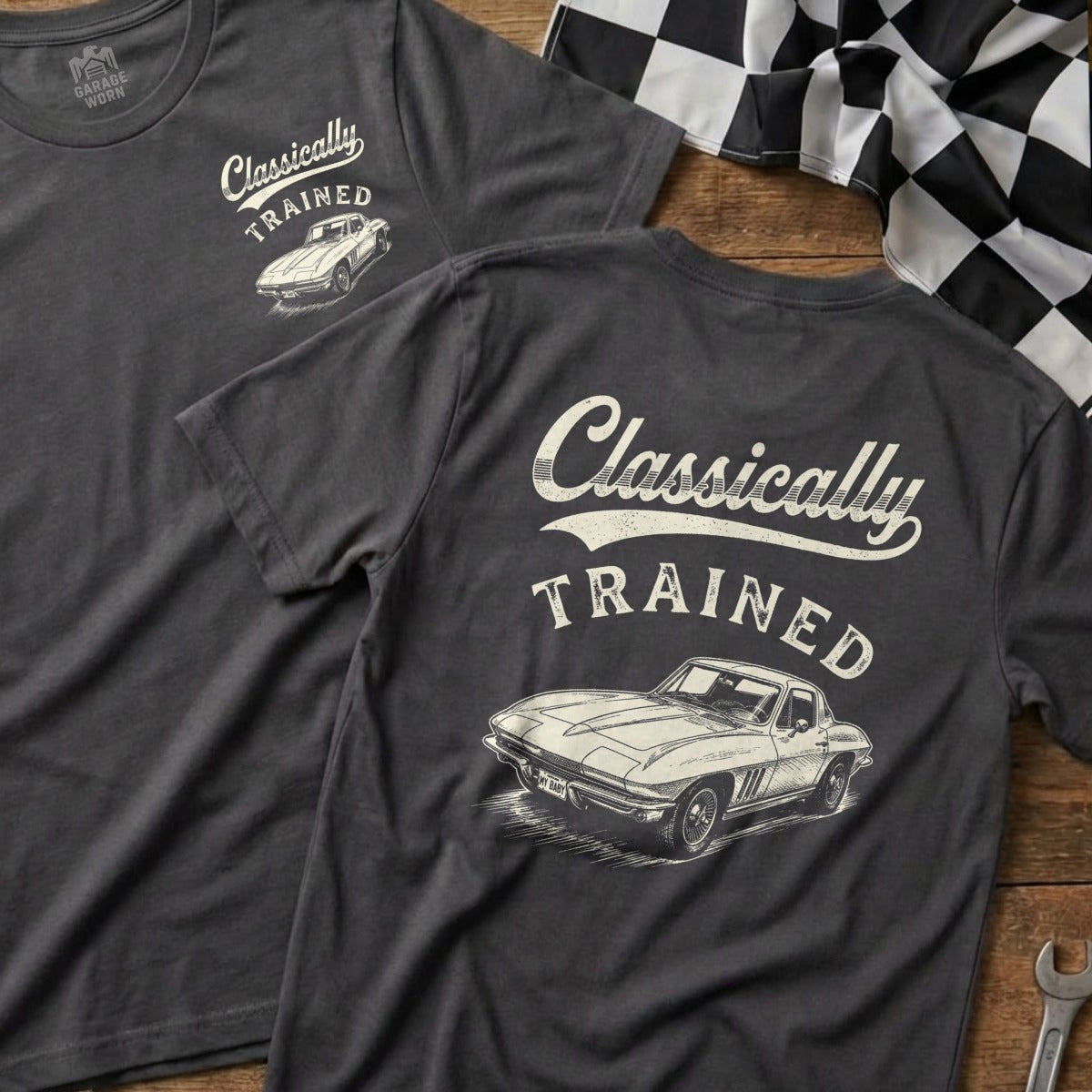 Dark grey t-shirts with "Classically TRAINED" and a vintage car graphic.