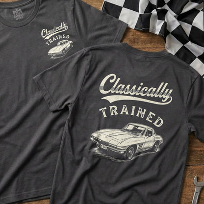 Dark grey t-shirts with "Classically TRAINED" and a vintage car graphic.