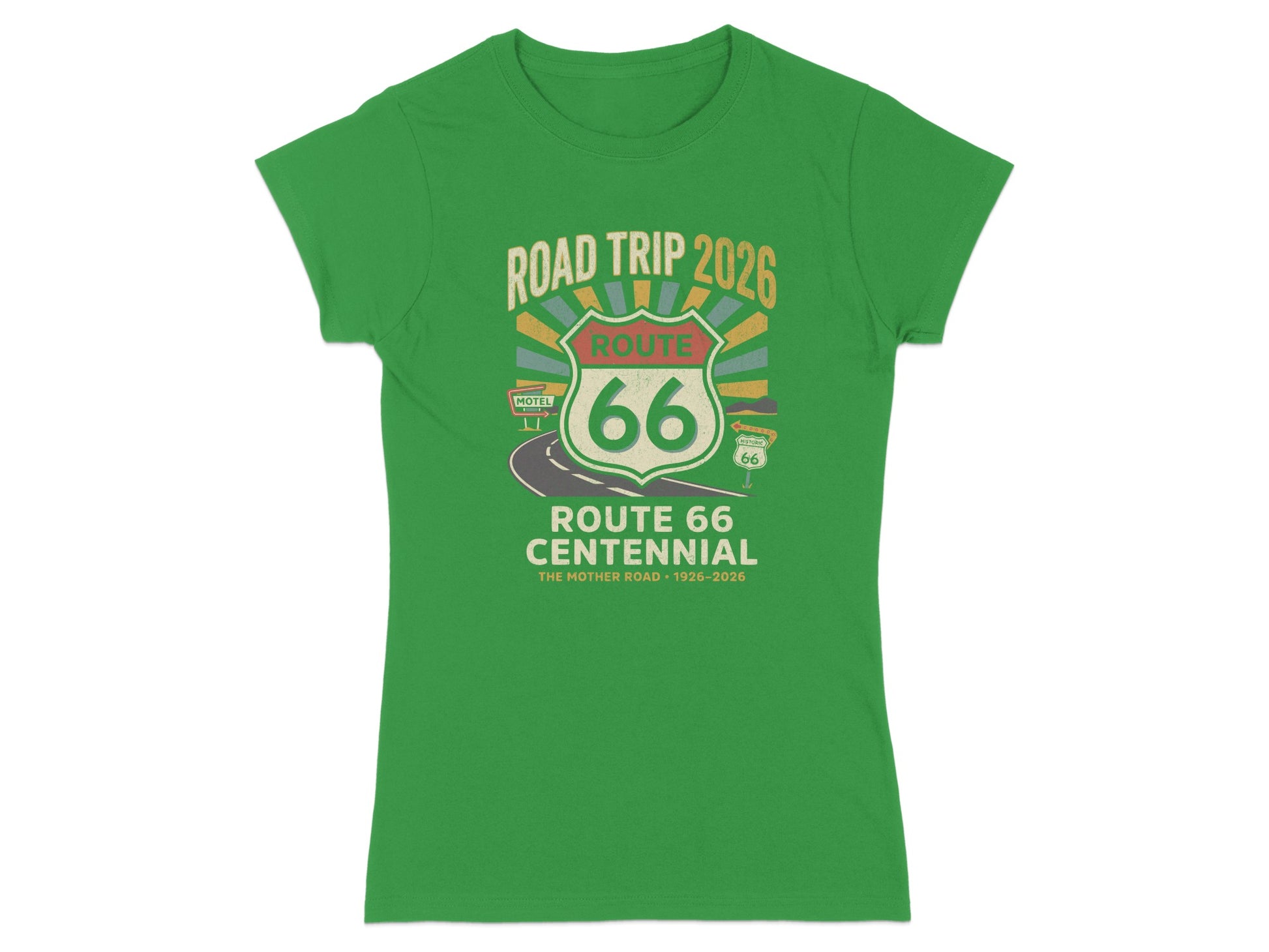 Green t-shirt with "Road Trip 2026 Route 66 Centennial" graphic.