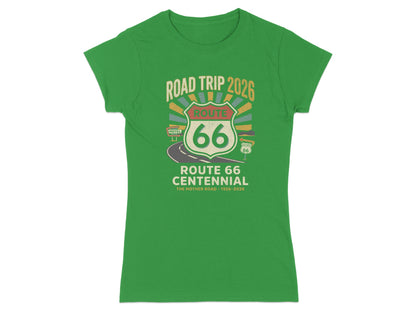 Green t-shirt with "Road Trip 2026 Route 66 Centennial" graphic.