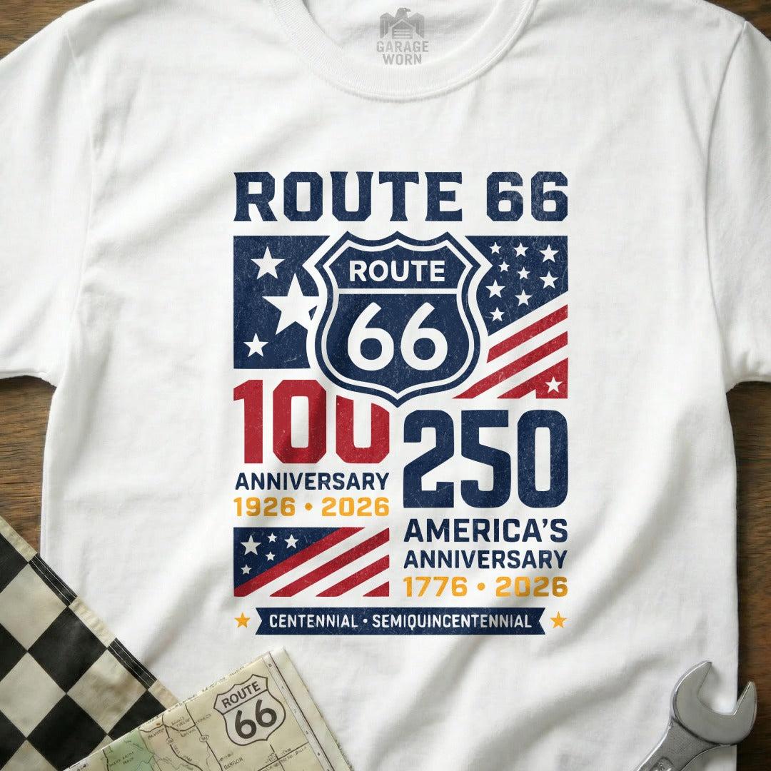 White t-shirt with Route 66 Centennial and American Semiquincentennial graphics.