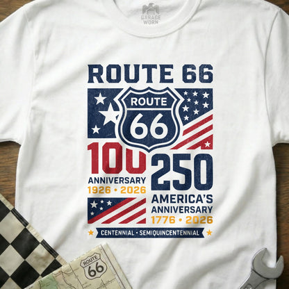 White t-shirt with Route 66 Centennial and American Semiquincentennial graphics.