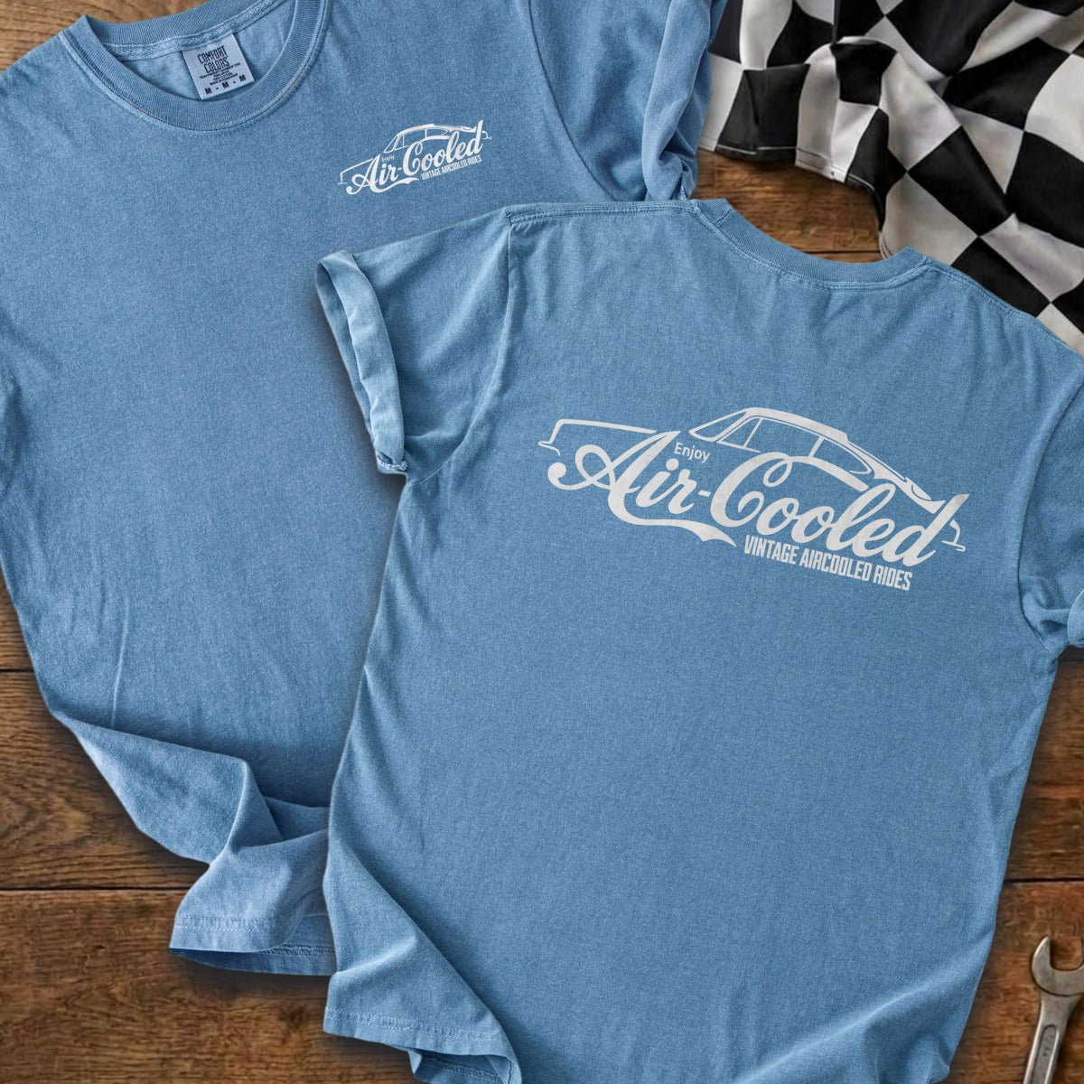 Two blue t-shirts with "Air-Cooled Vintage Aircooled Rides" graphic.