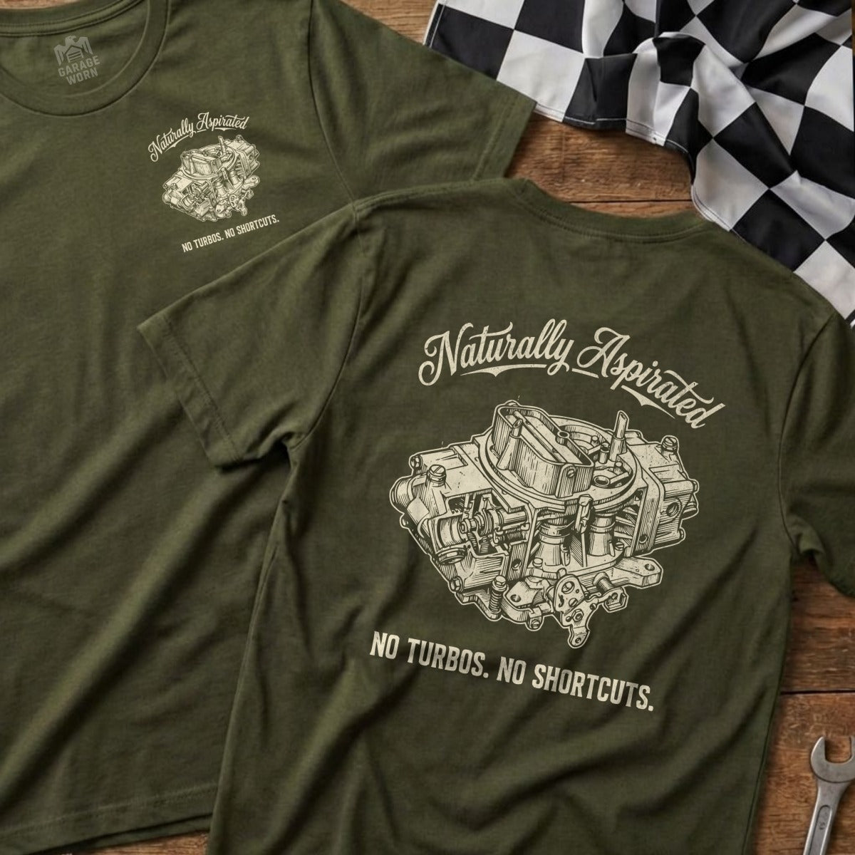 Green t-shirt with "Naturally Aspirated" and carburetor illustration.