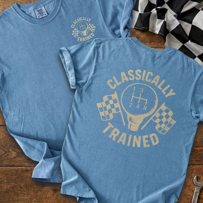 Blue t-shirts with "Classically Trained" text, gear shift, and checkered flags.