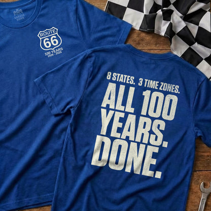 Blue t-shirts with Route 66 logo and "100 Years" text.