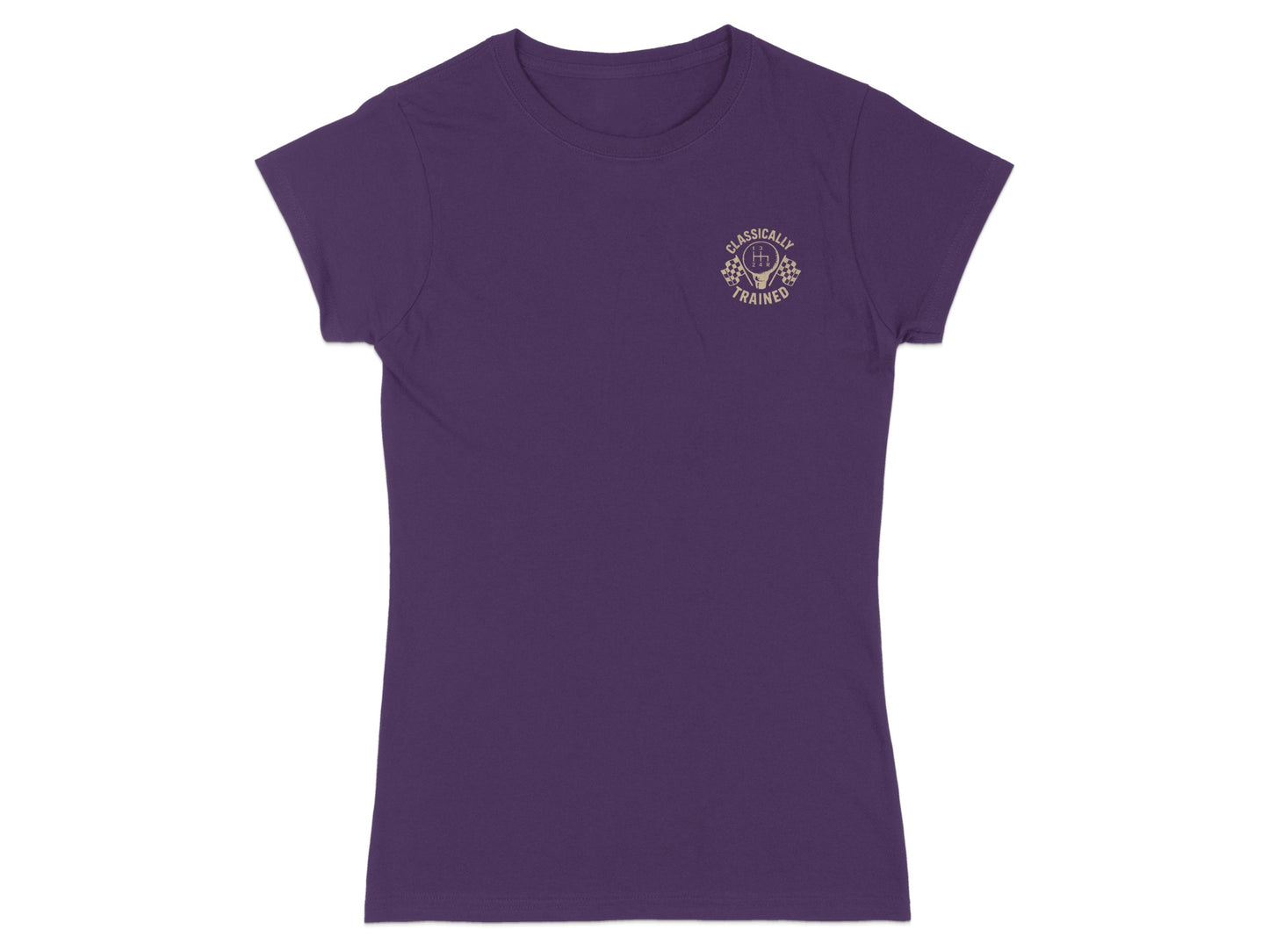 Purple t-shirt with checkered flag and "CLASSICALLY TRAINED" text.