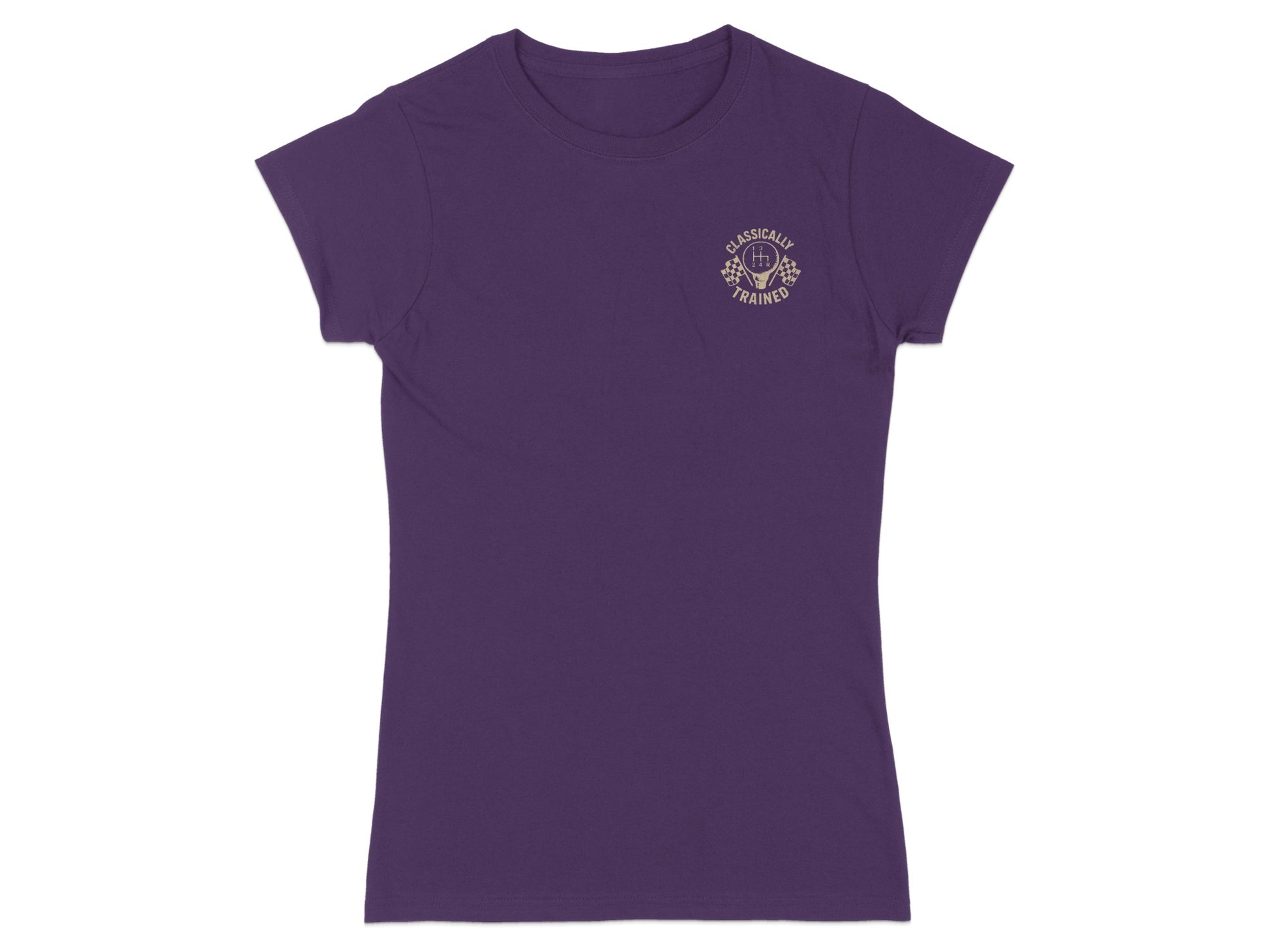 Purple t-shirt with checkered flag and "CLASSICALLY TRAINED" text.