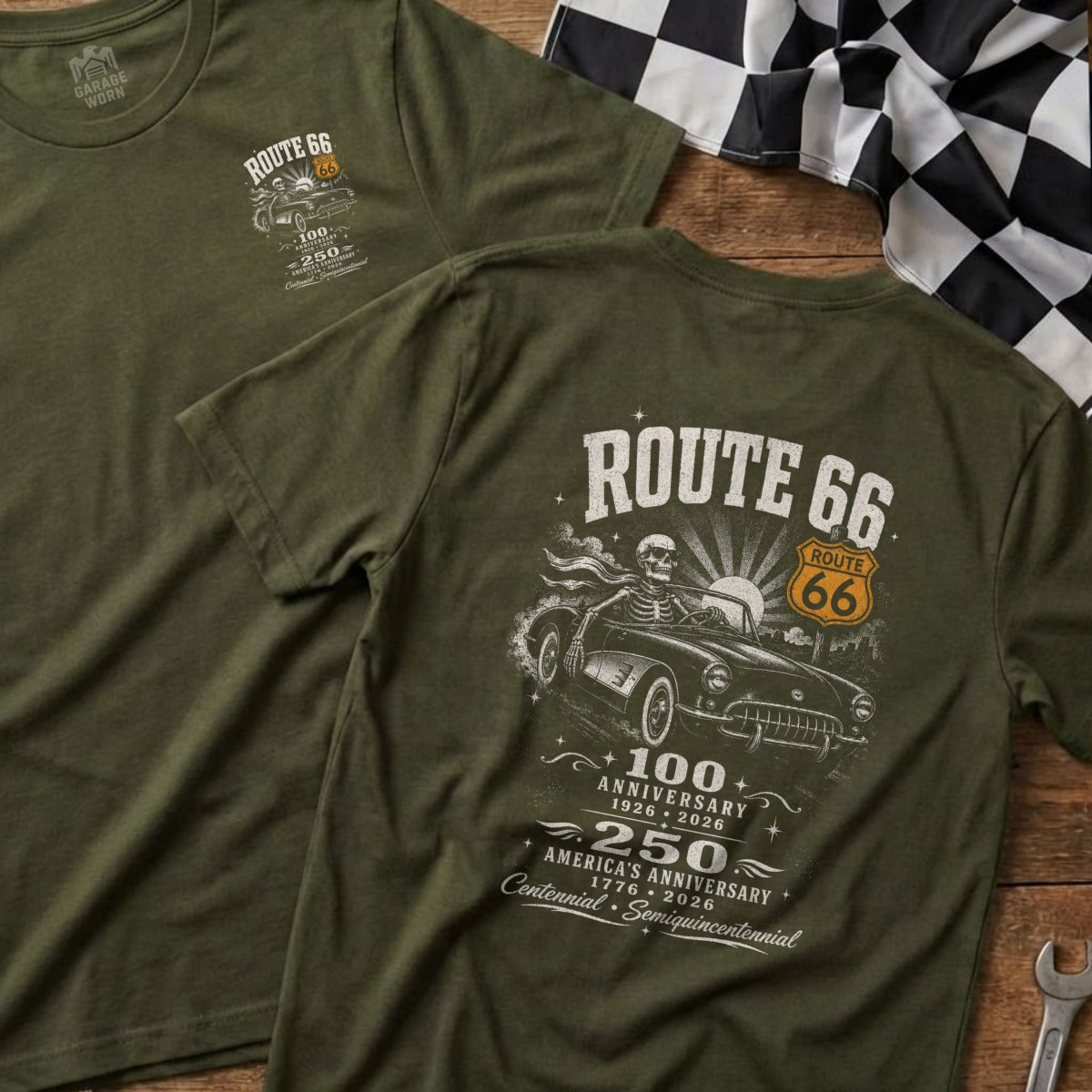 Route 66 t-shirt with skeleton driving a classic car, commemorating 100th and 250th anniversaries.