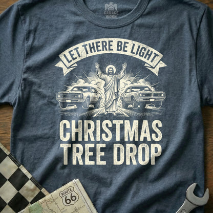 Jesus between two cars with "Christmas Tree Drop" text.